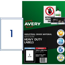 Avery Identification Laser Heavy Duty White L7067 199.6 x 289.1mm 1UP 25 Labels